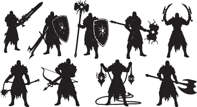 Silhouette Collection of Fantasy Warriors and Medieval Knights with Greatswords, Shields, Battle Axes, Crossbows, and Flails Isolated on White Background for Character Design