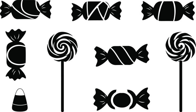 Black silhouette candy collection lollipops wrappers and halloween treats