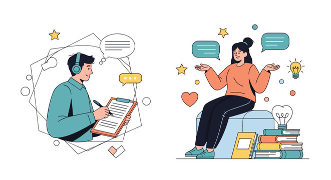 Professional online consultation and remote learning concept with a person taking notes and a woman sharing ideas.