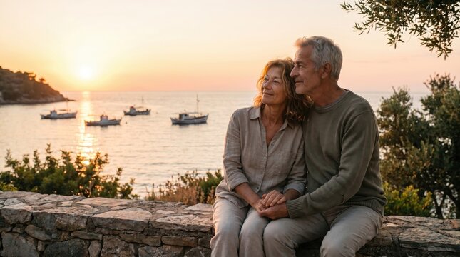 Gl&uuml;ckliches Paar genie&szlig;t Sonnenuntergang am Meer in mediterraner K&uuml;stenlandschaft