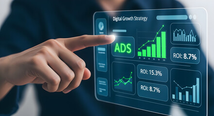 Fototapeta premium Hand Pointing at Digital Dashboard with ADS and Growth Charts