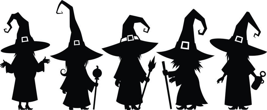 Five witch silhouettes with pointed hats and traditional costumes