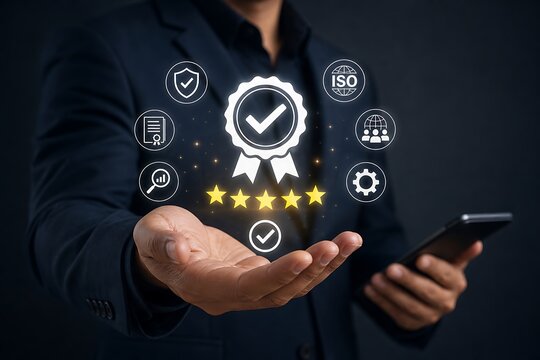 Businessperson holding a smartphone with icons representing quality standards and certifications in a digital interface.
