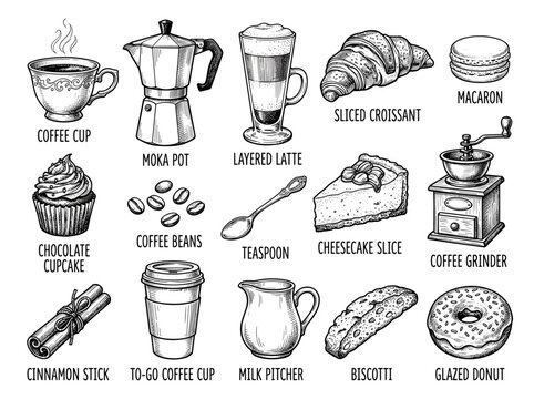 Vintage black ink sketch of coffee and pastry set with moka pot and donut, isolated on white background