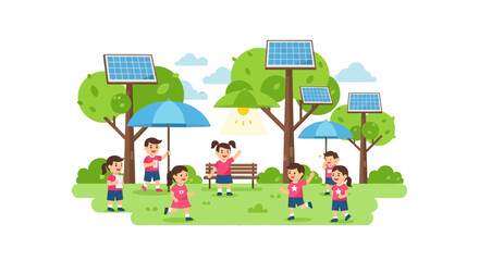 Fototapeta premium Children Playing in Eco-Friendly Sustainable Park with Solar Tree Panels Vector Illustration. Renewable Green Energy and Environmental Education Concept for Kids.