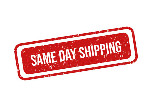 Red same day shipping stamp or badge with bold white text