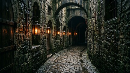 Obraz premium Ancient stone corridor with hanging lanterns and cobblestone path leading into darkness