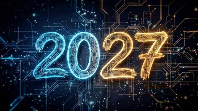 Glowing 2027 numerals formed from circuit boards and wires. Futuristic new year digital design with blue and orange glow. Technology innovation concept for new year 2027 celebration