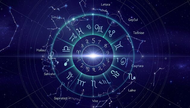 Mystical Zodiac Circle with Constellations and Symbols.