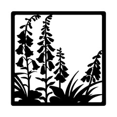 Black Silhouette Digitalis Flowers Vector Art, Delicate Woodland Foxglove Blooms, Elegant Botanical Garden Design Element, Square Frame Nature Illustration © SUMON