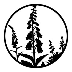 Digitalis Foxglove Silhouette, Woodland Wildflower Circle Graphic, Botanical Nature Vector Art, Elegant Floral Outline Design © SUMON