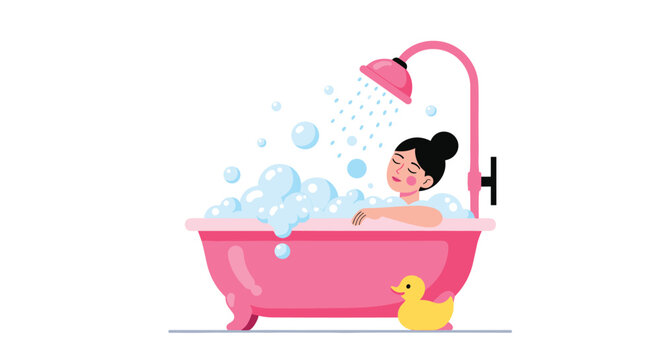 Young woman enjoying a relaxing bubble bath in a pink tub with water from the shower head and a yellow rubber duck toy on the bathroom floor.