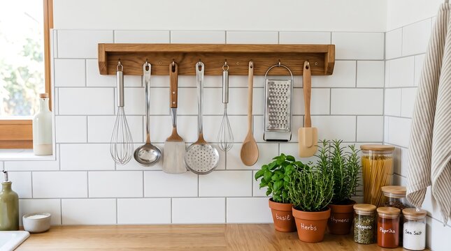 Organized kitchen tools and herbs on a wooden rack with white tiled backdrop
