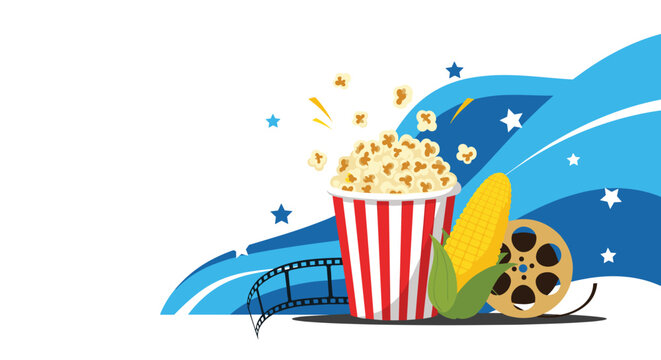 Movie night concept featuring a large bucket of popcorn with a corn cob, film reel, and movie strip set against a dynamic blue background.