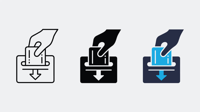 Hand inserting card into slot in outline, solid, and color styles.