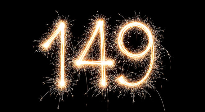 Vibrant sparklers forming the number 149 in a celebratory, glowing effect on a black backdrop for festive or milestone imagery.