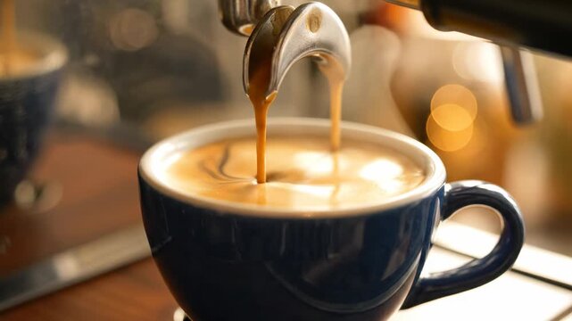 Expertly brewed espresso streams into a deep blue ceramic mug, releasing rich crema and capturing the essence of a morning coffee ritual with diffused warm lights in the distance