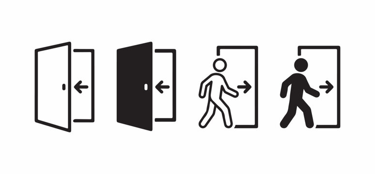 Emergency exit and entry door icon set with walking person and arrow vector silhouettes