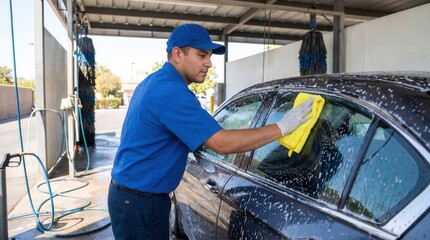 Fototapeta premium Car Wash Worker Cleaning Vehicle Window