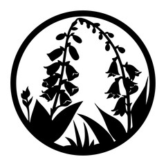 Black Silhouette Foxglove Flowers, Woodland Plants, Circular Emblem, Nature Design, Botanical Art, Garden Illustration, Vector Graphic © SUMON