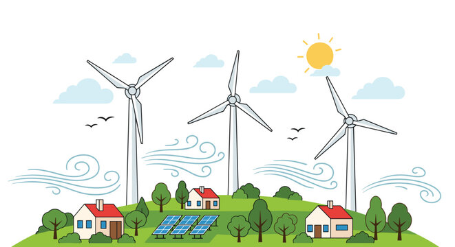 Green energy concept showing wind turbines and solar panels providing sustainable power to small houses on rolling grassy hills.