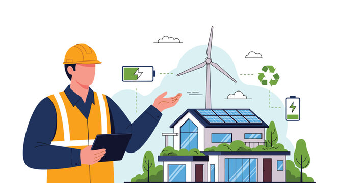 Professional engineer presenting modern sustainable home design equipped with solar panels and wind turbine for green living.