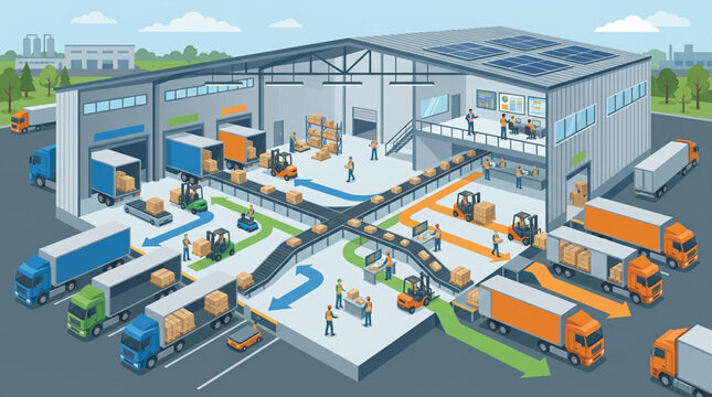 Modern logistics warehouse with trucks and forklifts.