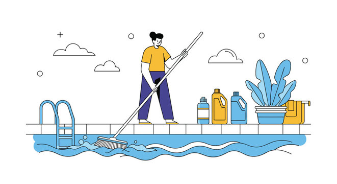 Woman cleaning a swimming pool with a long handle brush while various chemical supply bottles and plants sit on the tiled poolside.