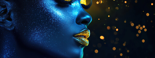 Obraz premium Dramatic profile of a model with glitter makeup and shimmering background