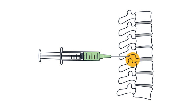 Medical diagram showing a syringe injecting medicine into the lumbar region of a human spine vertebrae for pain management therapy.