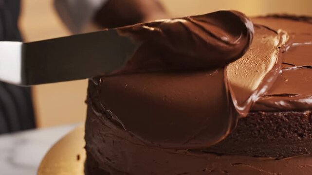 Chef meticulously spreads rich, decadent chocolate ganache over a perfectly baked, layered cake using a metal icing spatula, creating a smooth, glossy finish for a delightful dessert preparation