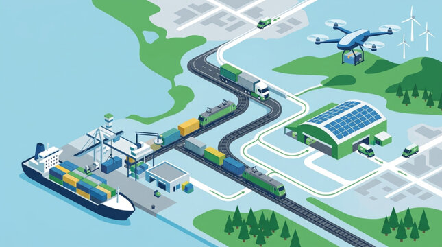 Modern logistics network with drone and autonomous transport systems.
