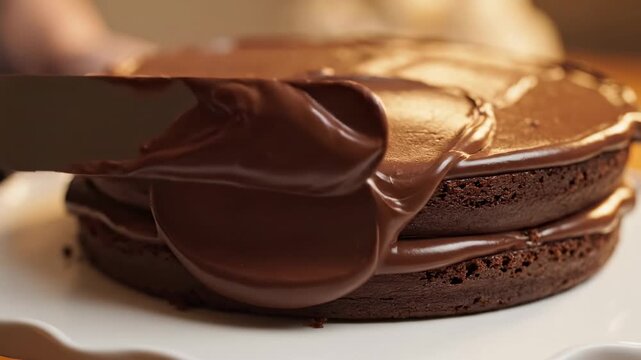 A skilled baker expertly spreads rich, glossy chocolate frosting onto a decadent layered cake, creating a delightful confectionery masterpiece for any celebration