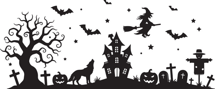 Halloween silhouette panoramic scene featuring a haunted house, flying witch, howling wolf, spooky bare tree, bats, jack-o'-lanterns, scarecrow, and graveyard crosses on white background.