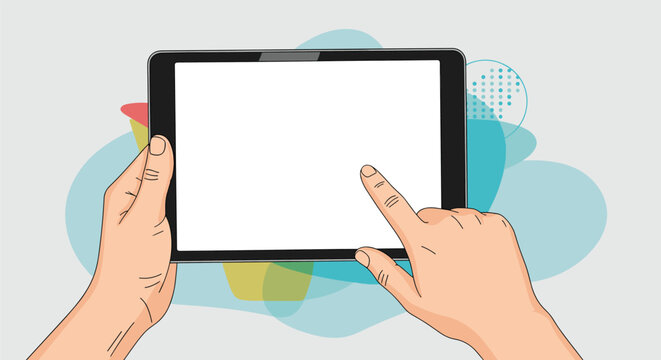 Close-up of human hands holding a tablet computer with a blank white screen for mock-up on an abstract colorful background.