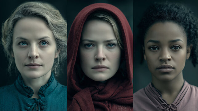 Split image of a woman in teal blue, a woman in a red cloak and a teen in a plum-colored dress.