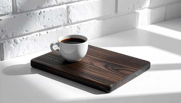 A white coffee cup sits on a dark wooden tray against a white brick wall and counter