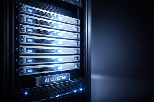 AI cluster server technology with illuminated components in a dark environment