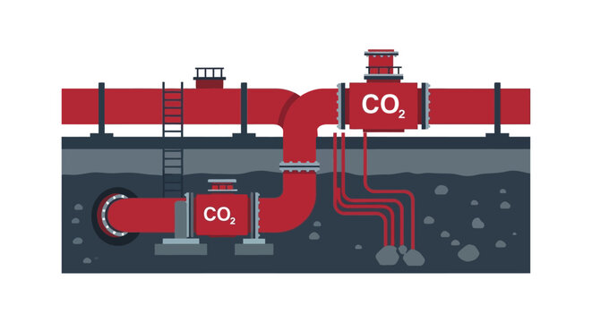 Carbon Capture and Storage (CCS) System Illustration Showing CO2 Sequestration Pipes and Underground Storage