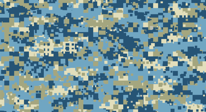 Seamless digital camouflage pattern features a pixelated design in shades of blue, beige, and dark navy for tactical backgrounds.