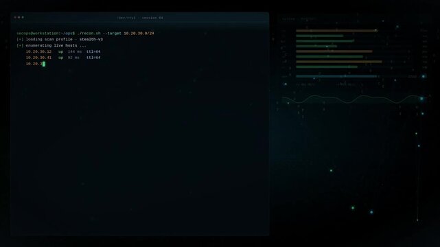 Cybersecurity Terminal Animation with Linux-Style Command Interface, Penetration Testing Dashboard and Cinematic Hacker Workstation Loop