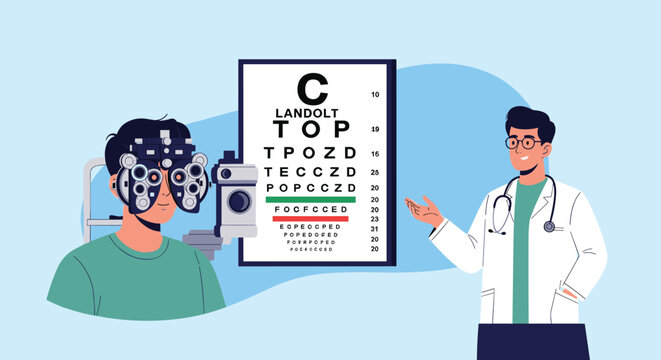 Patient undergoes an eye examination with a phoropter while an optometrist points to a Landolt C vision chart in a clinic.