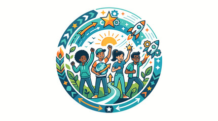 Naklejka premium Illustration of diverse people celebrating with arms raised in a circular frame with decorative elements and a sunny background.