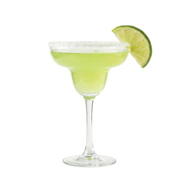 Margarita cocktail with lime slice and salt rim on a transparent background PNG file