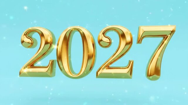 Golden 3D numerals 2027 floating on light blue background. New year 2027 celebration design element. Festive typography graphic for holiday greetings and invitations in modern style