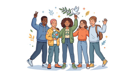Fototapeta premium Diverse group of five young adults waving and smiling with colorful leaves and confetti against a clean white background.