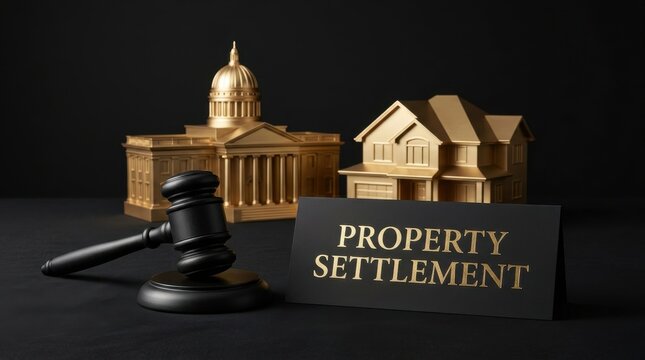 Property settlement legal concept with judge gavel, golden house model and government building, real estate law and divorce asset division