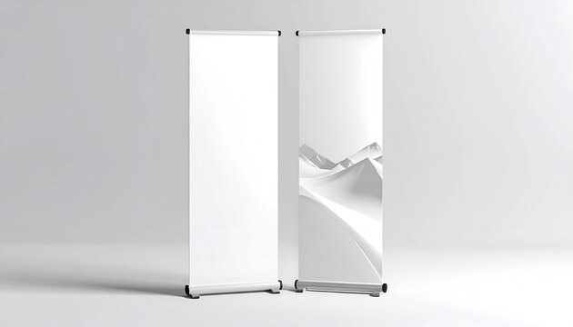 Two blank roll-up banner stands, one plain, the other with a minimalist mountain graphic
