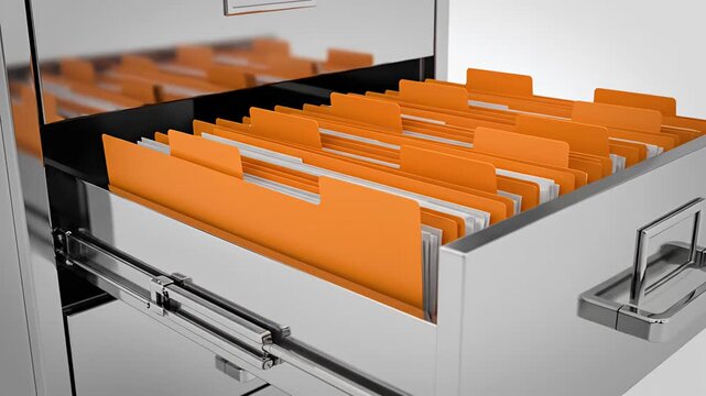 Open metal filing cabinet with orange file dividers.