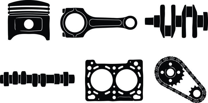 Mechanical Internal Combustion Engine Parts Silhouette Vector Icon Set Featuring Piston Connecting Rod Crankshaft Camshaft Gasket and Timing Chain for Automotive Engineering Designs